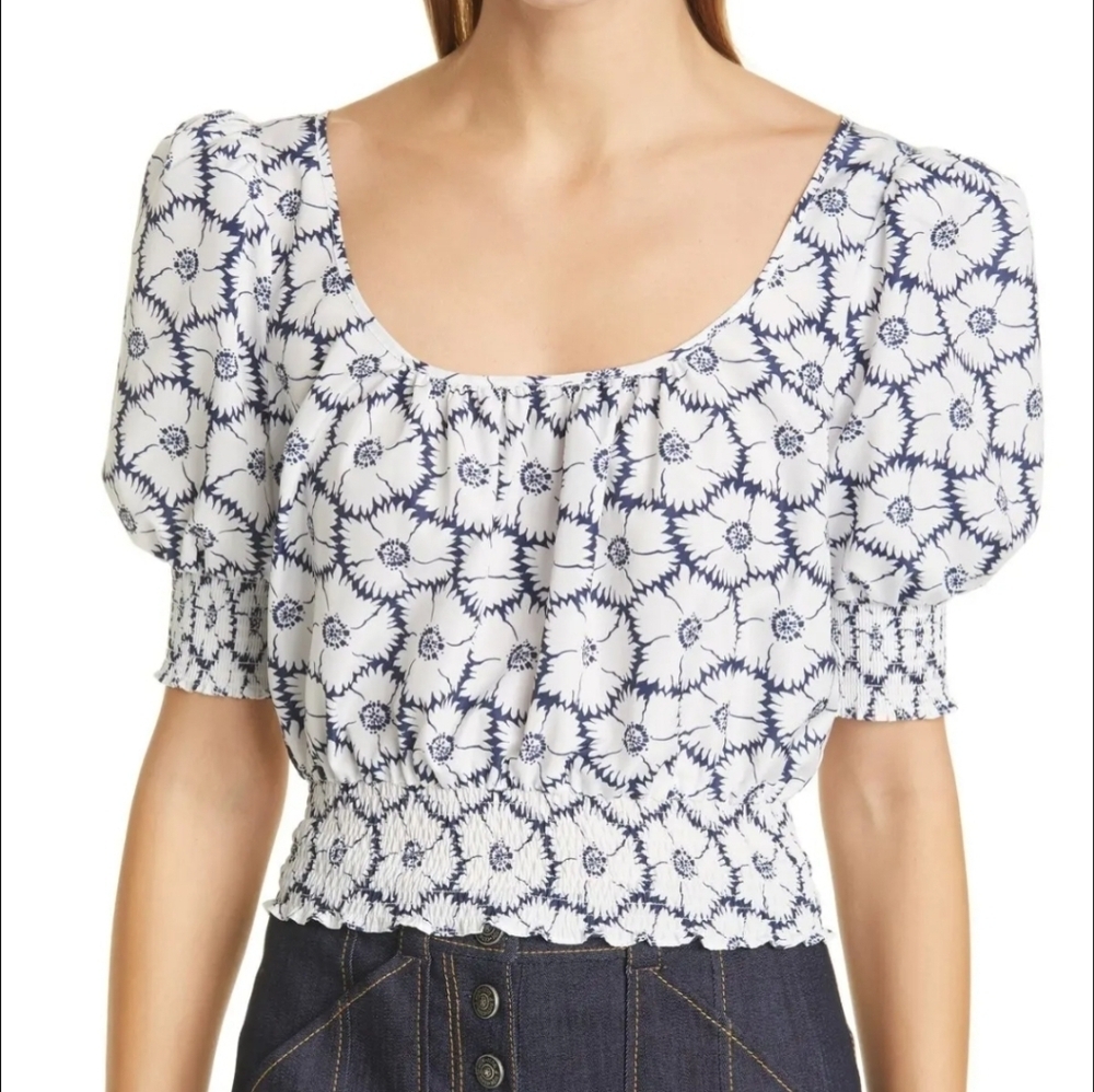 Cinq a Sept Elliot Puff Sleeve White Smocked Scoop Neck Top Women's Size Small